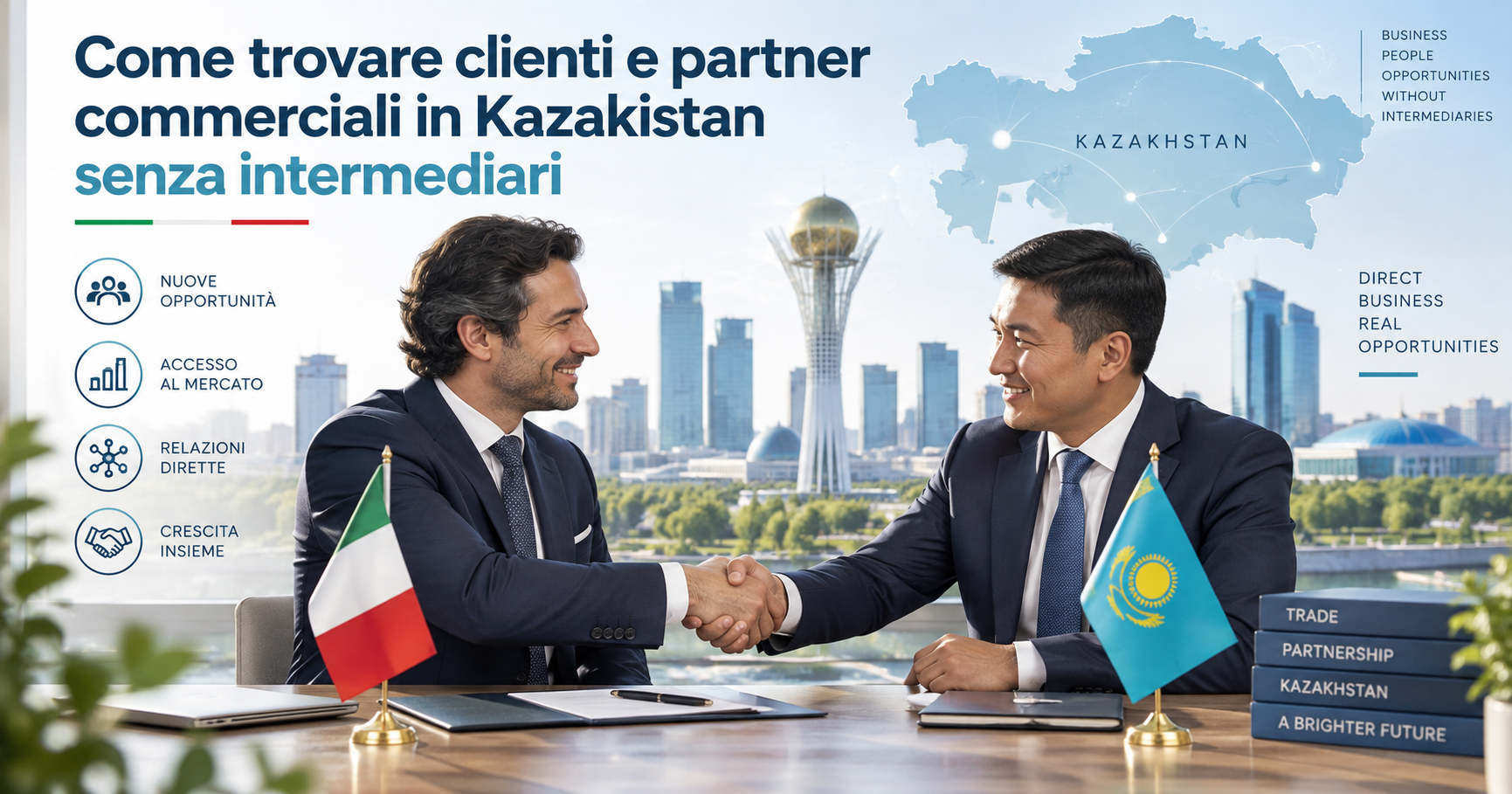 Incontro diretto tra azienda italiana e partner kazako per trovare clienti commerciali in Kazakistan senza intermediari