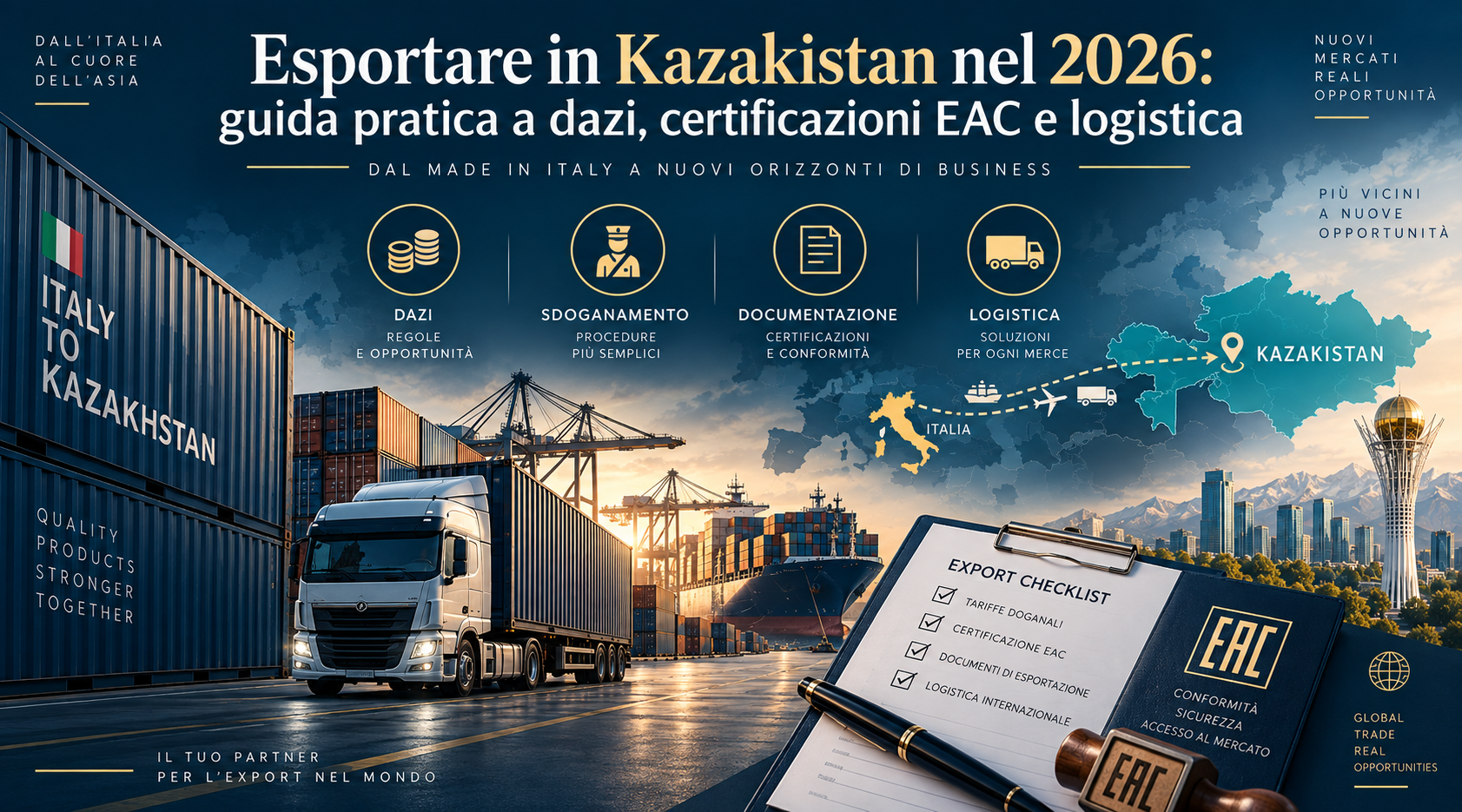 Rotta export dall’Italia al Kazakistan con controllo doganale, documentazione, certificazioni EAC e logistica internazionale