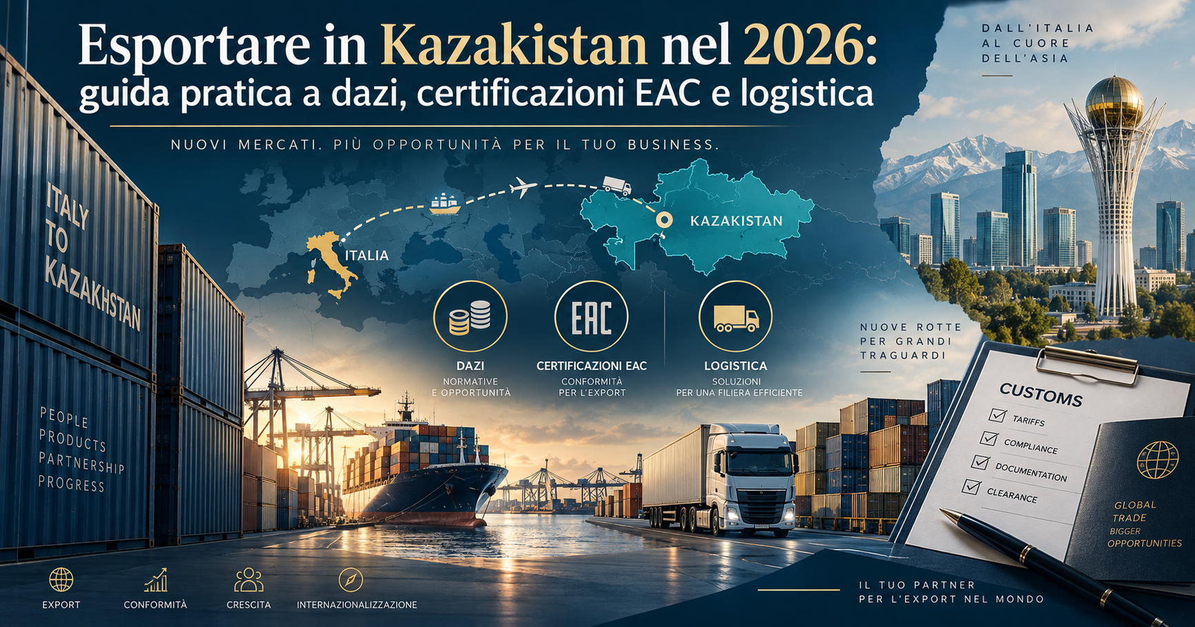 Esportare in Kazakistan nel 2026 con analisi di dazi, certificazioni EAC, logistica e dogane