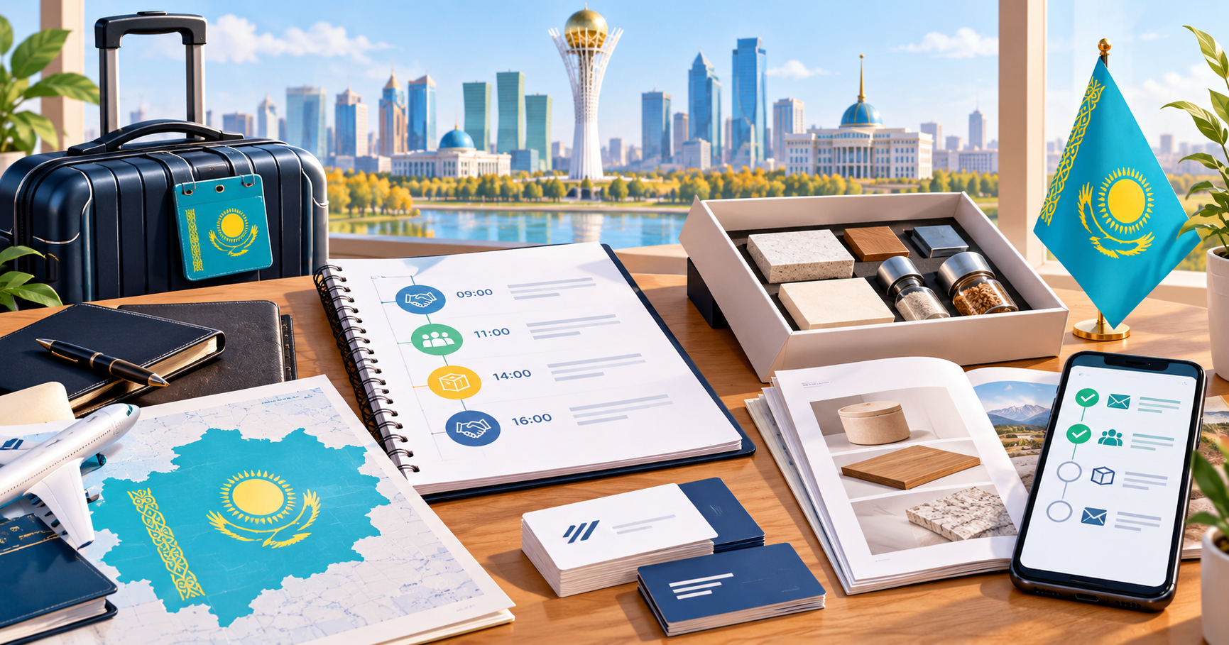 Agenda di missione commerciale in Kazakistan con incontri B2B, campioni, contatti e follow-up