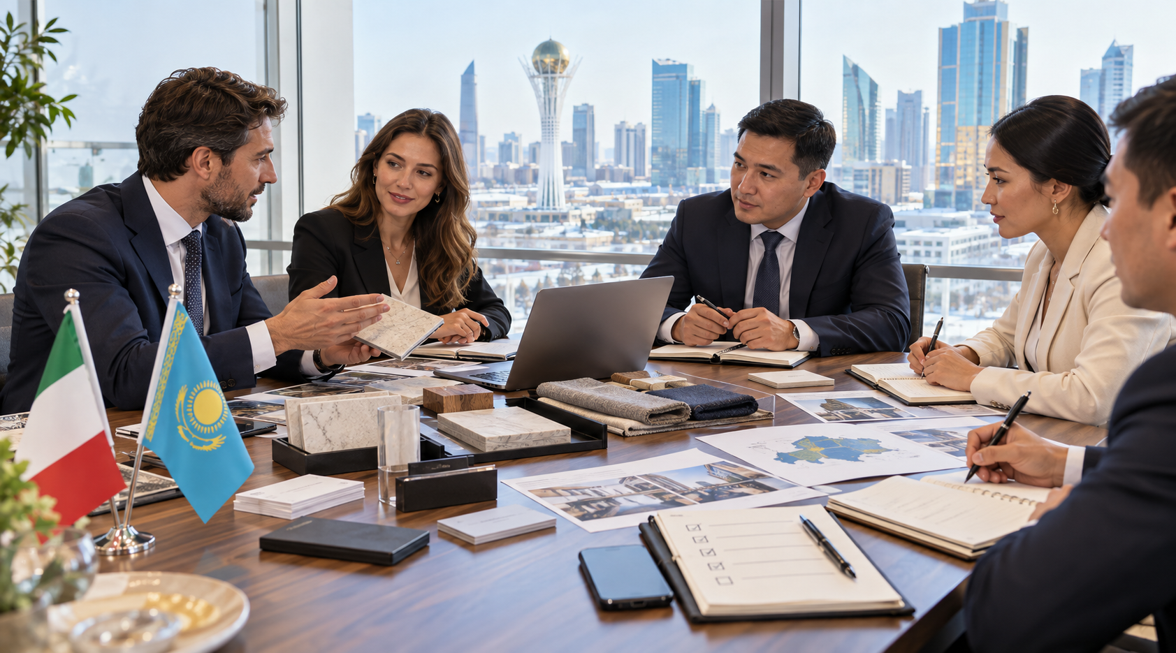 Incontro B2B in Kazakistan tra azienda italiana e partner locali con campioni prodotto e materiali commerciali