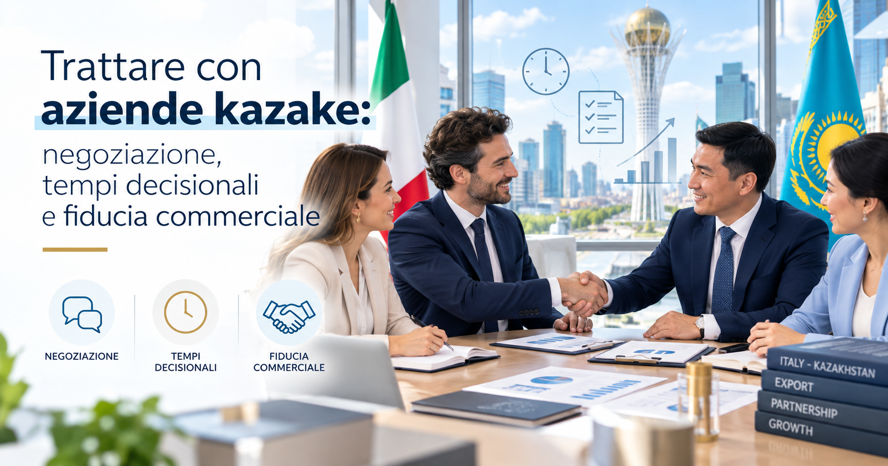 Negoziazione tra azienda italiana e partner kazako con focus su tempi decisionali e fiducia commerciale